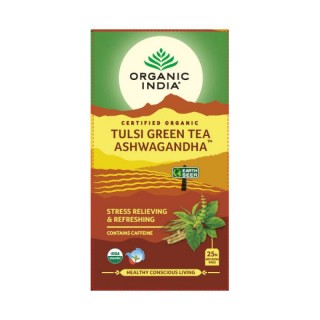 Organic India TULSI GREEN TEA ASHWAGANDHA 25 Tea Bags, Stress Relieving & Refreshing